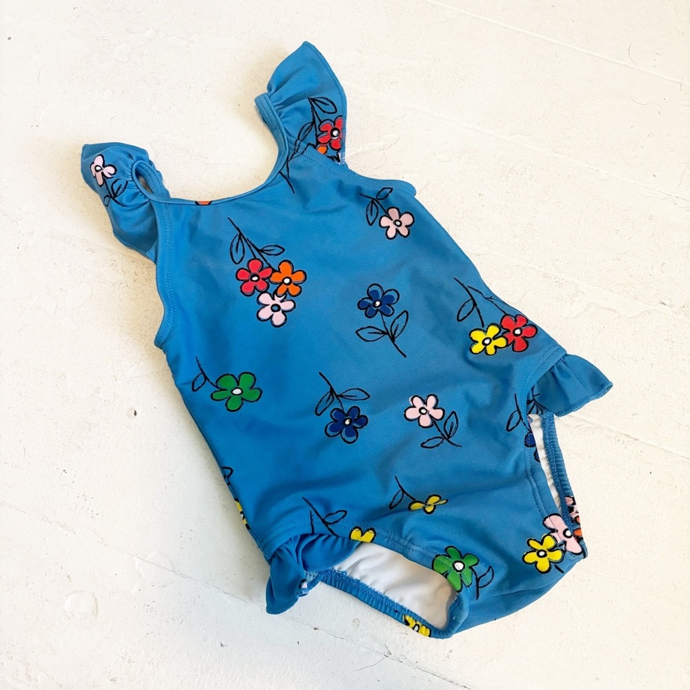 Hanna Andersson Blue Flower Ruffle Sleeve Baby Swimsuit Size 3-6M EUC